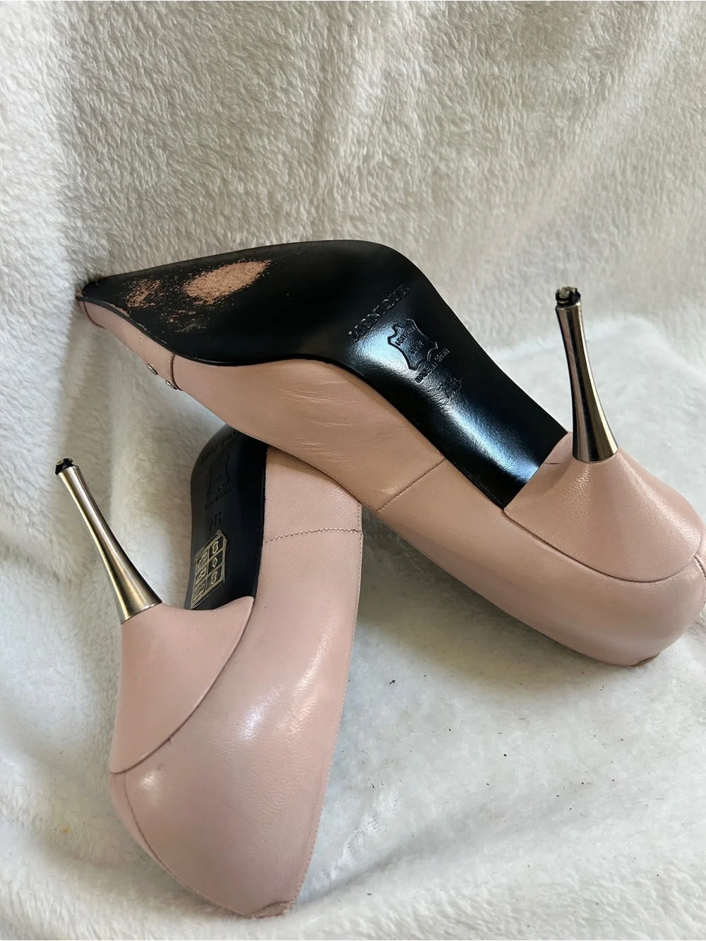 Nique Blush Pink Pointed Leather Heels with Gold Ring Accent